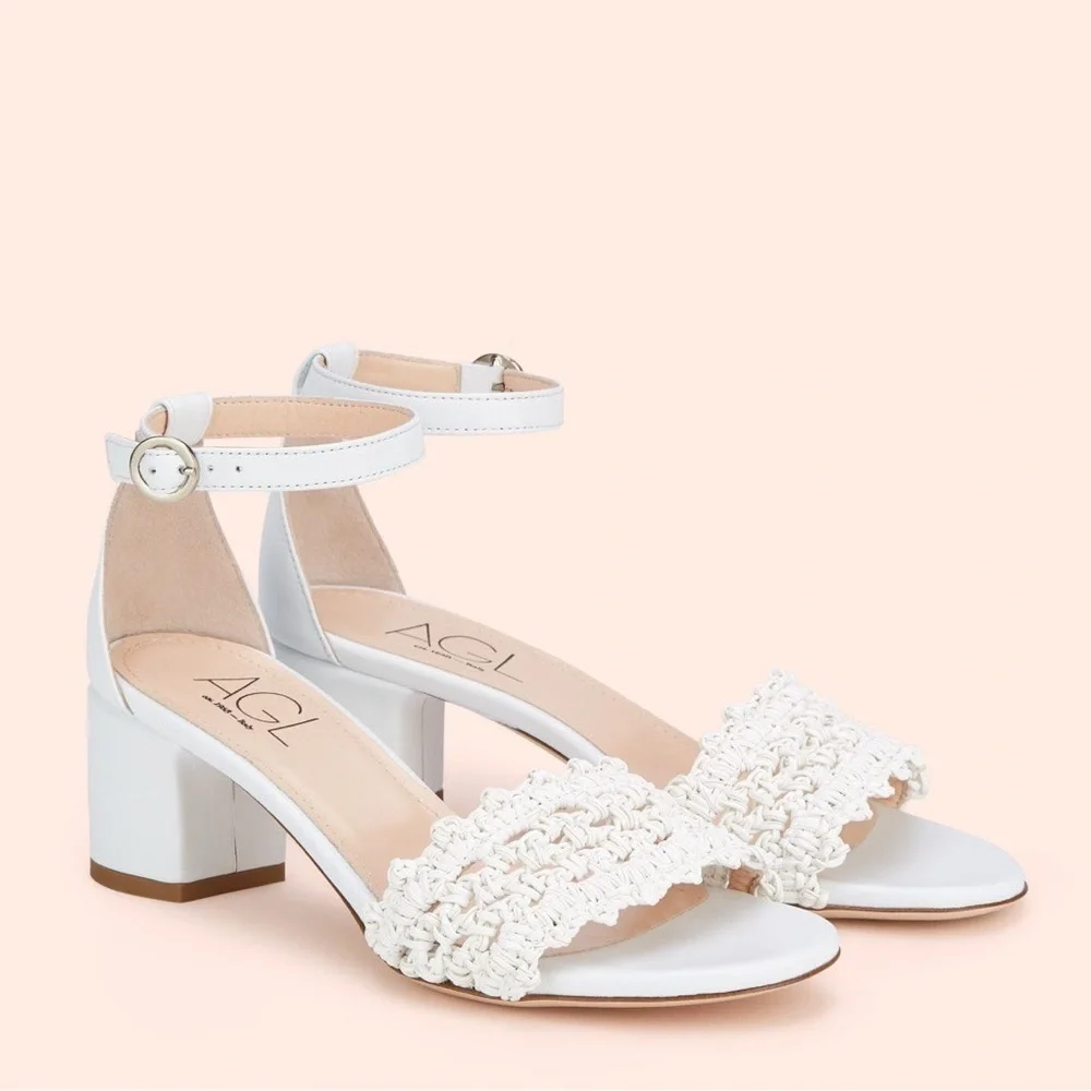 AGL NEW Crochet White Leather Ankle Strap Sandals Size 41 EU 11 US